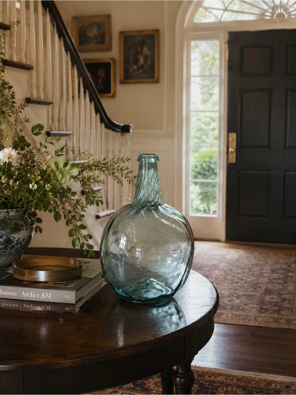 Antique Glass Demijohn, 19th century hand -blown aqua wine bottle pontil c.1850